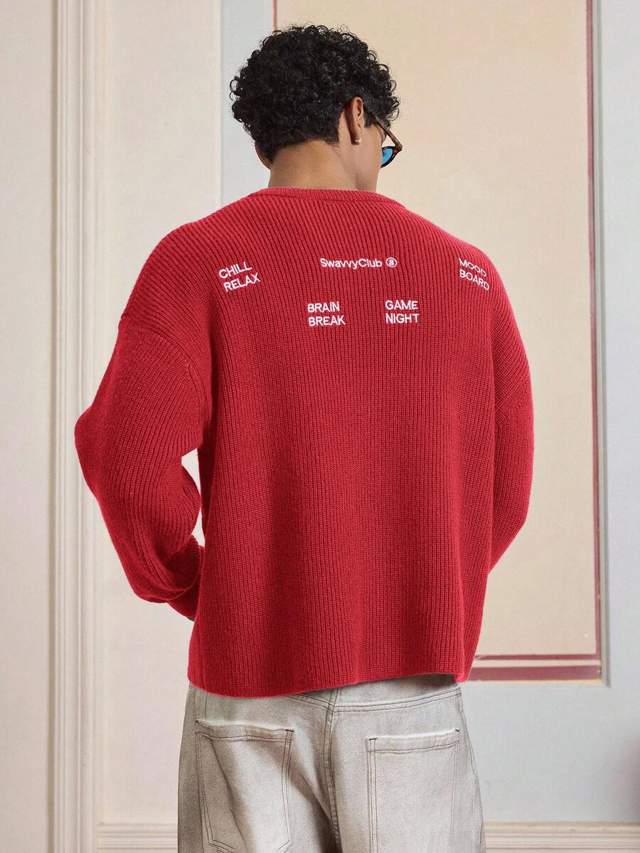 SWAVVY Men's Casual Letter Embroidered Crew Neck Sweater, Long Sleeve, Autumn/Winter