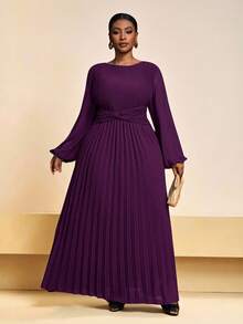 Veslaya 秋冬新款女装，音乐节万圣节服装，生日礼服，日常休闲装，度假装，邮轮旅行装，海滩装，日光浴装，爆款摩卡优雅女王荷叶边袖交叉腰身长款连衣裙，大码婚礼宾客礼服，大码教堂礼服，褶皱长款连衣裙，长袖优雅连衣裙，褶皱连衣裙（大码） - 紫色 - 查看 4