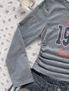 少女灰色字母印花圆领长袖T恤 - 灰色 - 查看 4