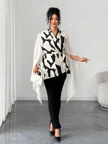 Elenzga 大码优雅随机印花交叉V领系带腰身不对称雪纺长袖衬衫，不对称下摆蝴蝶结，适合各种场合。 - 彩色 - 查看 5