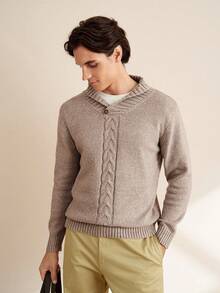 RONVEXI 男士休闲纯色针织衫，秋冬季 - 灰色 - 查看 5