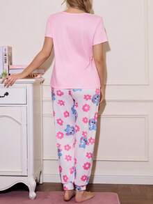 甜美碎花圆领撞色女士睡衣套装 - 彩色 - 查看 2