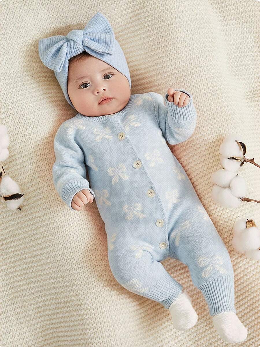SHEIN Newborn Baby Girl Cute Heart Pattern Pink Long Sleeve Knitted Romper, Autumn/Winter  Fashion