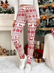SHEIN LUNE 女士撞色驯鹿印花圣诞风休闲修身打底裤 - 紅白色 - 查看 3