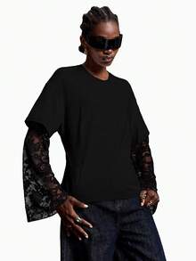 LYSMO Women's Black Autumn Chic Night Out Basic Loose Round Neck Drop Shoulder Contrast Color Lace T-Shirt,French Elegant Knitted Trumpet Bell Long Sleeve - Black - View 3