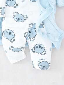 Newborn Baby Pajamas One Piece Set With Hooded Coat,Light Blue Koala Print Long Sleeve Footed Romper,Plush Look Winter Cute Lounge 2026 New Year - Baby Blue - View 5