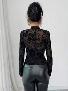 Rafferiza 女士优雅性感透视植绒黑色T恤 - 黑色 - 查看 2