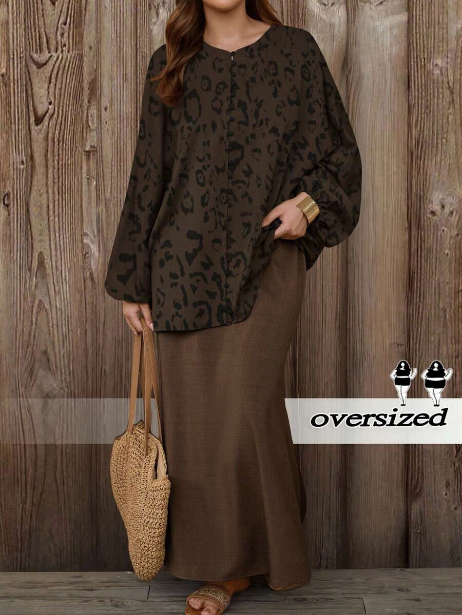 EMERY ROSE Plus Size Women's Fashionable Elegant Casual Batwing Sleeve Round Neck Loose Autumn 2-Piece Set, Coffee Color - Brown - View 1