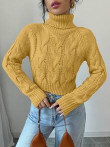 Selianne Women's Solid Color High Neck Raglan Sleeve Cropped Casual Sweater - Yellow - View 7