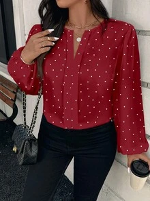 EMERY ROSE 大码波点印花翻领休闲衬衫，秋季 - 酒紅色 - 查看 3