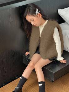 Young Girls Faux Fur Vest Jacket - Brown - View 5