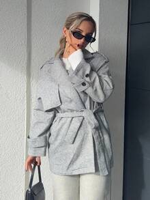 Jeta Ari Abrigo holgado casual de manga raglán a cuadros para mujer en otoño/invierno - Gris - Ver 1