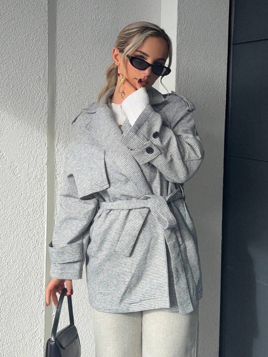 Jeta Ari Abrigo holgado casual de manga raglán a cuadros para mujer en otoño/invierno - Gris - Ver 1