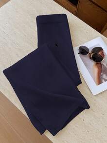 Elamini Quần len dệt kim dài buộc dây thêu màu trắng đa năng cho nữ mặc ngoài trời - Xanh đậm - Xem 4