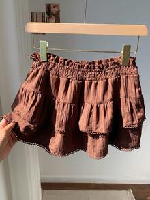 Comfortcana 女士休闲纯色荷叶边下摆半身裙，夏季 - 棕色 - 查看 4