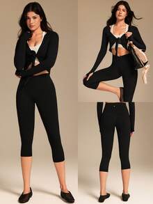 GLOWMODE 21" FeatherFit™ Crossover Waist Y-Shaped Butt Seam Cutie Capri Leggings Low Impact Yoga Studio Daily Fall Winter