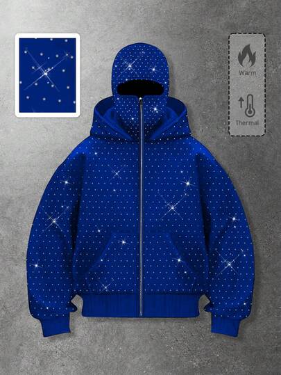 Street Life Sudadera con capucha con bolsillos y cremallera delantera, con adornos de strass de moda para hombres