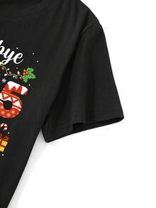 SHEIN LUNE 时尚新年印花女式圆领修身短袖T恤 - 黑色 - 查看 7