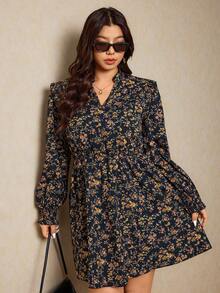 Elaquor Plus Size Women's Ditsy Floral V-Neck Long Sleeve Casual Dress Flower - Black - View 6