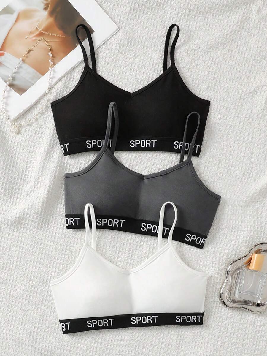 SHEIN 3 件套青少年女孩简约字母装饰吊带背心 Bralette 套装