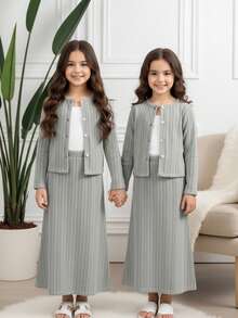 SHEIN 3pcs/Set Casual Loose Textured Fabric Long Sleeve Top, Camisole, And A-Line Skirt Set For Teenage Girls - Grey - View 3