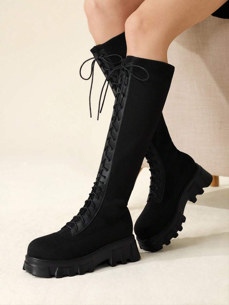 CUCCOO BASICS Women's Fashion Black Knight Lace-Up Thick Sole Over-The-Knee Boots, Elastic One-Push Slip-On Design, Suitable For Commuting, Dating, Gatherings, Parties, Music Festivals, Street, Vacation And More Occasions