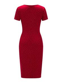 Ellevyn 女士秋冬优雅红色圣诞连衣裙，短袖拼接，冬季拉链开衩，修身闪亮亮片连衣裙，适合派对、舞会、新年等场合 - 紅色 - 查看 10