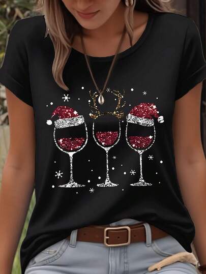 EMERY ROSE Christmas Wine Glass & Santa Hat Snowflake Print Round Neck Short Sleeve Fashionable Plus Size T-Shirt