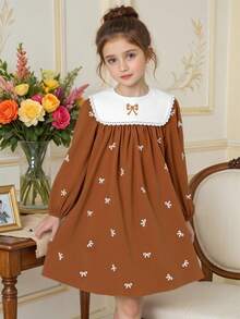 Souflis Souflis Vestido a juego familiar de otoño para niñas jóvenes, dulce vestido de pana con cuello azul marino, lazo bordado, volantes, mangas abullonadas, corte holgado, lindo y de moda para invierno - Marrón - Ver 1