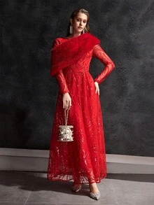 MOTF Soiréza 优雅亮片串珠花卉刺绣连衣裙，配可拆卸人造毛皮披肩，正式晚礼服 - 紅色 - 查看 5