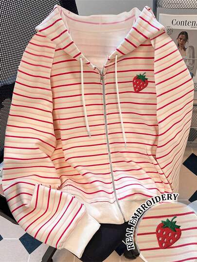 Resyla Cárdigan con capucha, manga larga y cremallera, con bordado de fresa a rayas, talla estándar para mujer