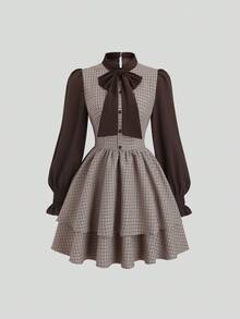 Sweetra French Retro Elegant Sweet Cinched Waist 2 In 1 Long Sleeve Bow Plaid Patchwork Brown Mini Dress, Autumn/Winter - Multicolor - View 1