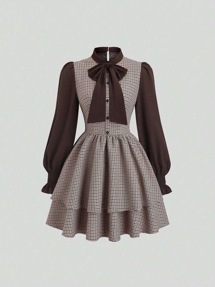 Sweetra French Retro Elegant Sweet Cinched Waist 2 In 1 Long Sleeve Bow Plaid Patchwork Brown Mini Dress, Autumn/Winter - Multicolor - View 1