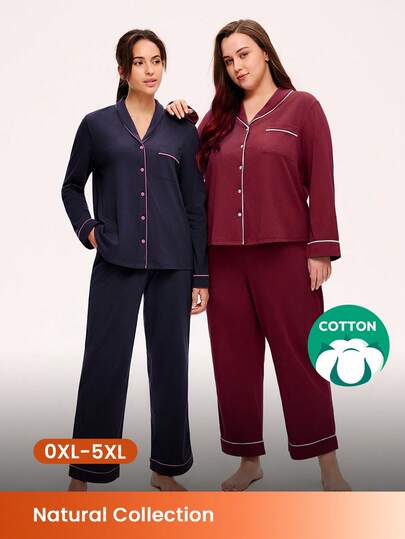 LUVLETTE Christmas & New Years Pajamas Autumn And Winter Plus Size Soft 100% Pure Cotton Basic Button-Up Top & Pants Loungewear Pajama Set Fall Pajamas