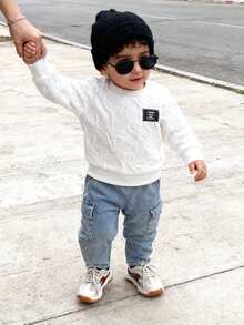 SHEIN Playful Pals 2pcs/Set 0-3 Years Old Baby Boy Unisex Infant Baby Boy Casual Outfit, Including 1 Textured Knit Letter Graphic Long Sleeve Crew Neck Sweater Paired With Blue Elastic Waist Pocket Denim Pants, Suitable For Casual, Outdoor, Travel, Baby Boy/Girl Spring Autumn Winter Clothing Baby Set Autumn Winter Season Baby Boys Outfit Boy Sets Baby Boy Casual Set - Multicolor - View 9