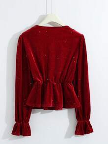 GlowEve Cute Non-Detachable Bowknot, Pearl Decor Round Neck Long Flare Sleeve Buttoned Front Blouse For Women, Suitable For Home, Commute, Outing, Party, Sparkling - Red - View 2