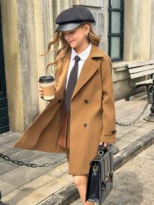 SHEIN 青少年女孩时尚休闲宽松系带双排扣长款风衣，适合秋季通勤或日常穿着 - 棕色 - 查看 7