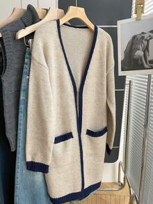 Franclia Khaki Colorblock Knitwear Cardigan For Women Rib-Knit Detail Thigh Length Long Regular Sleeve Casual Style - Khaki - View 5