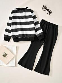 SHEIN 女童长袖条纹Logo卫衣及喇叭紧身裤套装，女童服装 - 黑與白 - 查看 2