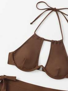 Swim Vcay Women's Solid Color Hollow Out Halter Tie Sexy Bikini Swimsuit Set, Non-Push Up With Underwire - Coffee Brown - View 4