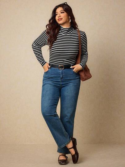 Elaquor Plus Solid Ribbed Slim Fit Mock Neck Knit Tee