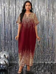 SHEIN Lady Spring, Summer, Autumn And Winter Elegant Office Party Ladies Dresses Red Sequin Dress - Burgundy - View 6