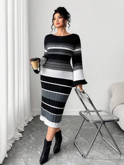Elenzga Plus Size Striped Color Block Fitted Mid-Length Long Sleeve Sweater Dress