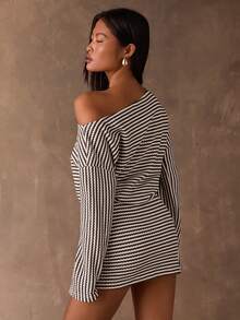 SHEIN BAE 女士通勤时尚不对称领条纹迷你连衣裙 - 咖啡棕 - 查看 2