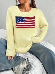 SHEIN EZwear 女士休闲国旗图案针织套头衫（米黄色），秋冬季国旗服饰，短款毛衣，美国国旗上衣，7月4日露脐上衣 - 淡黃色 - 查看 4