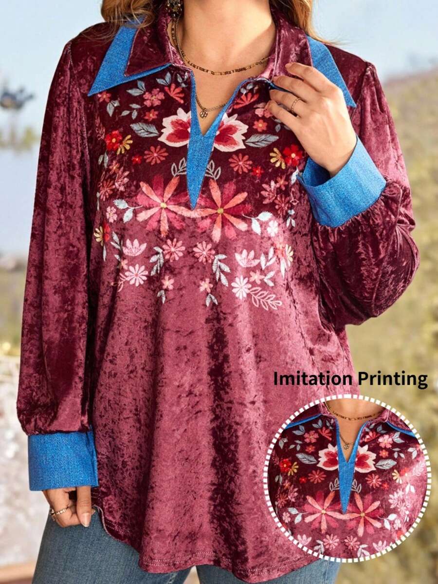 EMERY ROSE Blusa floral elegante de talla grande, blusa casual de otoño e invierno cálida y de estilo campestre - Burdeos - Ver 1