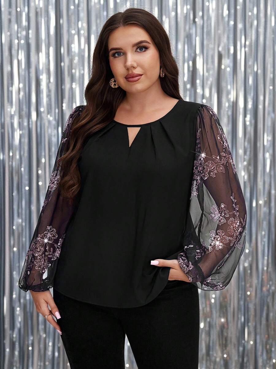 SHEIN LUNE 亮片印花大码宽松V领衬衫，黑色上衣，适合2025秋冬季圣诞节派对、新年感恩节等场合，时尚优雅衬衫 - 黑色 - 查看 1