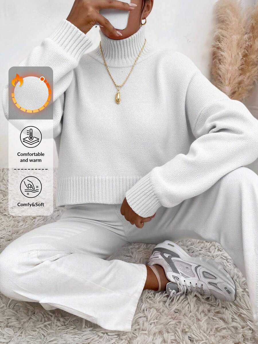 EURMUSE Women's Solid Color High Neck Drop Shoulder Long Sleeve Casual Pullover Sweater, Autumn/Winter - White - View 1