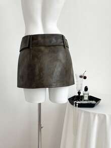 SHEIN Unity Women's Solid Color Fashion Short Metal Decor Distressed PU Skirt - Olive Green - View 2
