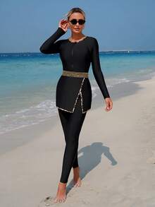 Swim Mulvari 1pc Women's Black Beach Sports Long Sleeve Long Leg Zip-Up Skirt Swimsuit - Multicolor - View 5